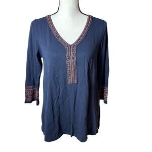 J. Jill Blue Tunic Top 3/4 Sleeve Blue V-Neck Embroidered Women's Small Cotton